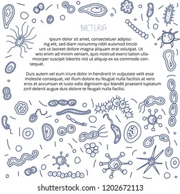 Bacteria cell composition with frame. Microorganism collection background. Vector doodle style banner.