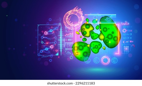 Bacteria cell in microscope with medical tech interface. Analysis DNA of biology cell. Computer diagnostic in medicine and science. Bacteria cell macro view. Data on biology lab computer interface.