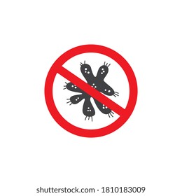 Célula bacteriana en señal de ruta prohibida, ilustración gráfica vectorial aislada en fondo blanco. Antiinfección y pancarta anti-viral o símbolo de pureza biológica.
