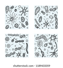 Composición cuadrada de células bacterianas. Colección de microorganismos. Composición de estilo de doodle vectorial.