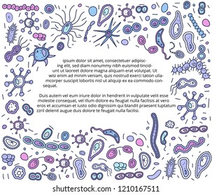 Bacteria cells border  with space for text. Microorganism collection. Vector doodle style composition.