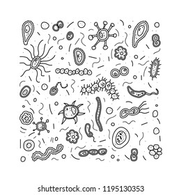 Bacteria cells colloring page. Microorganism collection. Vector doodle style composition.