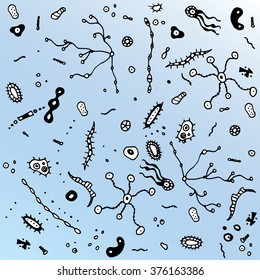 Bacteria. Cells. Line art. Virus. Cartoon. Children. Microscope. Celled structure. Dudling. Zentangl. Drawing. Background. Imunnitet. Cold. Monsters. Malekula. Dna. Genetic Engineering. Medical.