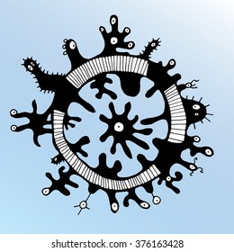 Bacteria. Cells. Line art. Virus. Cartoon. Children. Microscope. Celled structure. Dudling. Zentangl. Drawing. Background. Imunnitet. Cold. Monsters. Malekula. Dna. Genetic Engineering. Medical.