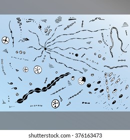 Bacteria. Cells. Line art. Virus. Cartoon. Children. Microscope. Celled structure. Dudling. Zentangl. Drawing. Background. Imunnitet. Cold. Monsters. Malekula. Dna. Genetic Engineering. Medical.