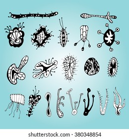 Bacteria. Cells. Microorganisms under a microscope. Dirty surface under a microscope. Virus. Background. Set.