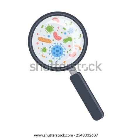 Bacteria cells, microorganisms, viruses and germs under magnifying glass. Vector Illustration