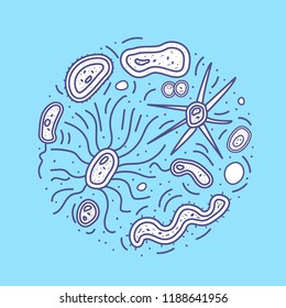 Bacteria cells round banner. Microorganism collection isolated on blue background. Vector doodle style composition.