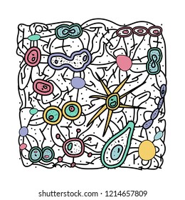 Bacteria cells square composition. Microorganism collection. Vector doodle style illustration.