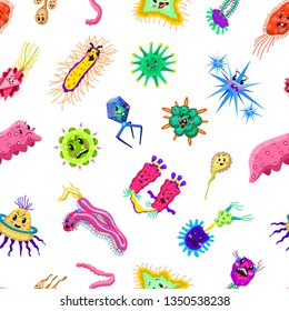 Bacteria characters Seamless pattern. Cartoon Cute germ virus funny infection. Funny bad emotions micro Microbe. Color Monster, pathogen or parasite.