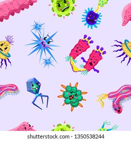 Bacteria characters Seamless pattern. Cartoon Cute germ virus funny infection. Funny bad emotions micro Microbe. Color Monster, pathogen or parasite.