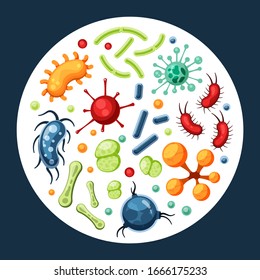caracteres bacterianos. virus microscopio zoom vista superior biología colección de bacilo. conjunto médico vectorial