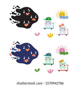 Bacteria chasing smiling teeth. Colorful vector illustration. Boy and girl teeth ride scooters.