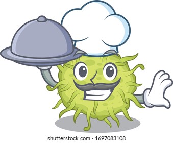 Bakterien-Coccus-Koch-Cartoon-Charakter, der Essen auf dem Tablett serviert