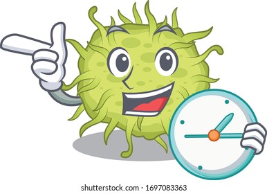 bacteria coccus mascot design concept smiling with clock