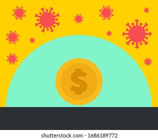Bacteria and coin under dome. Abstract design concept with world coronavirus pandemic and crisis of global financial business system. Creative minimalistic cartoon composition. Vector illustration.