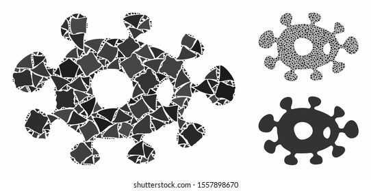 Bacteria composition of ragged pieces in various sizes and color tints, based on bacteria icon. Vector irregular elements are grouped into collage. Bacteria icons collage with dotted pattern.