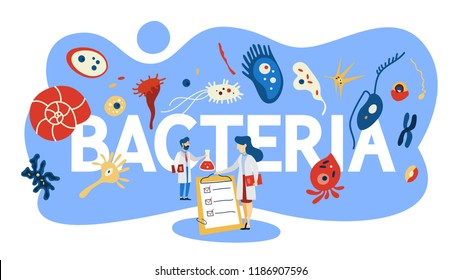 Bacteria concept. Medicine and microbiology area. Microscopic organism. Small good and bad bacterium in flora. Flat vector illustration