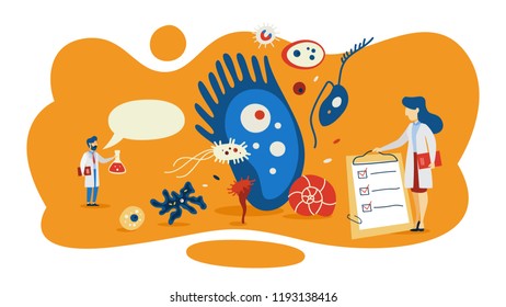 Bacteria concept. Medicine and microbiology area. Microscopic organism. Small good and bad bacterium in flora. Flat vector illustration