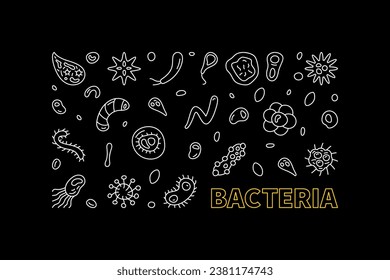 Bacteria concept Science horizontal dark banner with microbes line signs - vector illustration