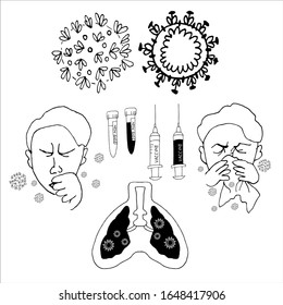 Bacteria is a coronavirus. Illustration of a sneezing person. Vaccine. Doodle style. Isolated. SARS-CoV-2. Infection. Wuhan coronavirus 2019-ncov. SARS pandemic risk alert.  Vector.