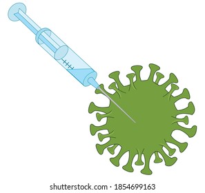 Bacteria coronavirus and syringe with vaccine cartoon