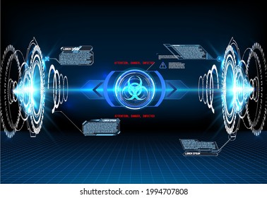 Bacteria, dangerous virus projection on a blue futuristic background. Hologram of Covid-19, Coronavirus bacteria on a blue futuristic background. Deadly type of virus Covid-19.Warning, danger frame