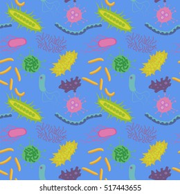 Bacteria of different kinds seamless pattern. Stock vector illustration with small microorganism, microbe, plankton animal.