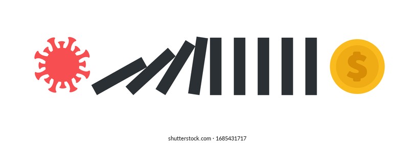 Bacteria falling domino. Abstract design concept with world coronavirus pandemic and crisis of global financial business system. Creative minimalistic cartoon composition. Vector illustration.