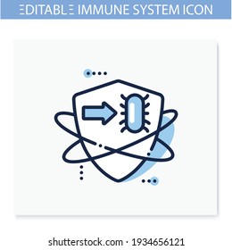 Bacteria fight line icon. Antibiotic treatment. Immunity strengthening concept. Immunology. Body defence system. Health care, disease prevention. Isolated vector illustration. Editable stroke