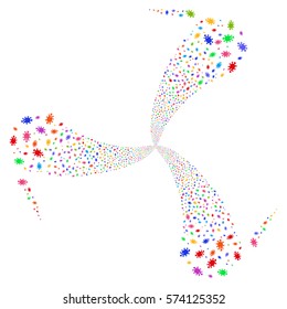 Bacteria fireworks swirl rotation. Vector illustration style is flat bright multicolored iconic symbols on a white background. Object spiral constructed from random symbols.
