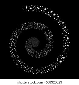 Bacteria fireworks whirlpool spiral. Vector illustration style is flat white scattered symbols. Object whirl combined from scattered icons.