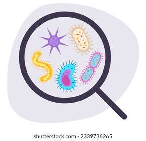 Bacteria germ infection microorganism virus under magnify glass. Vector graphic design illustration