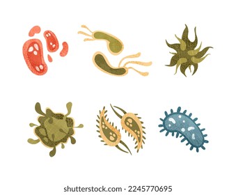Bacteria and Germs Colorful Micro-organisms and Disease-causing Objects Vector Set