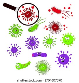 Bacteria and germs colorful set, different types, bacteria, viruses, microbes Vector cartoon illustration.