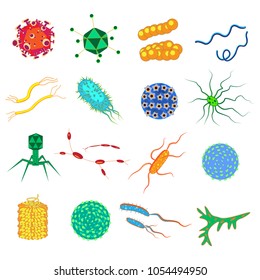 Bacteria and germs colorful set, micro-organisms disease-causing objects, different types, bacteria, viruses, fungi, protozoa. Vector flat style cartoon illustration isolated on white background