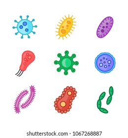 Bacteria and germs colorful set, micro-organisms disease-causing objects, different types, bacteria, viruses, fungi, protozoa. Vector flat style cartoon illustration isolated on white background