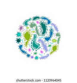 Bacteria and germs colorful set, micro-organisms disease-causing objects, different types, bacteria, viruses, fungi, protozoa. Vector flat style cartoon illustration isolated