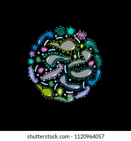 Bacteria and germs colorful set, micro-organisms disease-causing objects, different types, bacteria, viruses, fungi, protozoa. Vector flat style cartoon illustration isolated