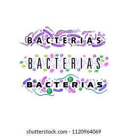 Bacteria and germs colorful set, micro-organisms disease-causing objects, different types, bacteria, viruses, fungi, protozoa. Vector flat style cartoon illustration isolated