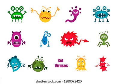 Bacteria and germs colorful set micro-organisms disease-causing objects, bacteria, viruses, pandemic microbes, fungi. Vector isolated cartoon biological icons.