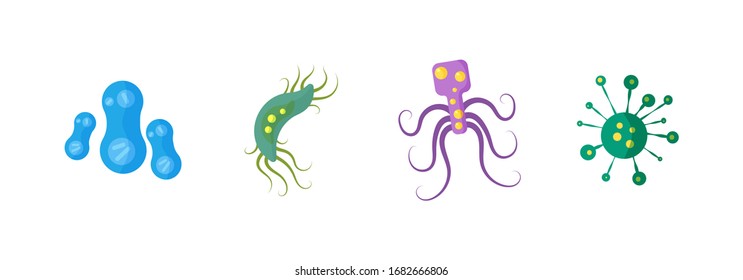 Bacteria and germs, colorful set, microorganisms, pathogenic objects, cell cancer, viruses, fungi, protozoa. Bacteria and virus cell icons set in flat design. Vector illustration, EPS 10.