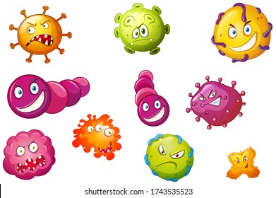 Bacteria and germs colorful set, micro-organisms disease-causing objects, different types, bacteria, viruses, COVID-19 and Coronavirus. Vector cartoon illustration isolated on white background.