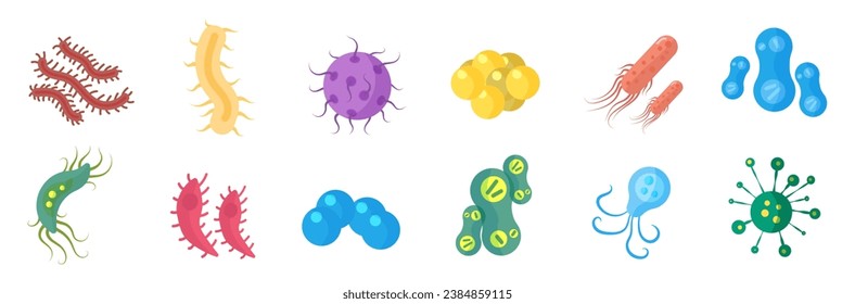 Bacteria and germs colorful set, micro-organisms disease-causing objects, different types, bacteria, viruses, fungi, protozoa. Vector flat microbe. Bactery cell cancer germ, viruses, fungi, probiotic.