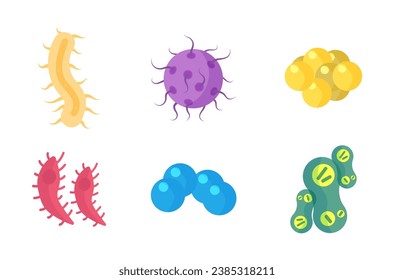 Bacteria and germs colorful set, micro-organisms disease-causing objects, different types, bacteria, viruses, fungi, protozoa. Vector flat microbe. Bactery cell cancer germ, viruses, fungi, probiotic.