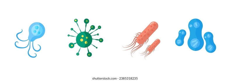 Bacteria and germs colorful set, micro-organisms disease-causing objects, different types, bacteria, viruses, fungi, protozoa. Vector flat microbe. Bactery cell cancer germ, viruses, fungi, probiotic.