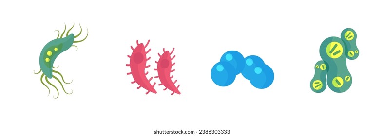 Bacteria and germs colorful set, micro-organisms disease-causing objects, different types, bacteria, viruses, fungi, protozoa. Vector flat microbe. Bactery cell cancer germ, viruses, fungi, probiotic.