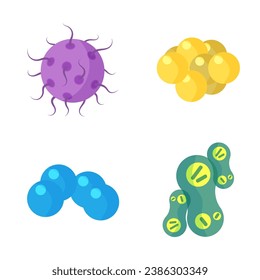 Bacteria and germs colorful set, micro-organisms disease-causing objects, different types, bacteria, viruses, fungi, protozoa. Vector flat microbe. Bactery cell cancer germ, viruses, fungi, probiotic.