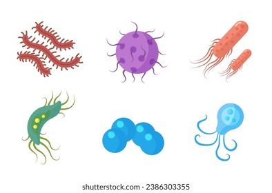 Bacteria and germs colorful set, micro-organisms disease-causing objects, different types, bacteria, viruses, fungi, protozoa. Vector flat microbe. Bactery cell cancer germ, viruses, fungi, probiotic.