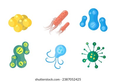 Bacteria and germs colorful set, micro-organisms disease-causing objects, different types, bacteria, viruses, fungi, protozoa. Vector flat microbe. Bactery cell cancer germ, viruses, fungi, probiotic.